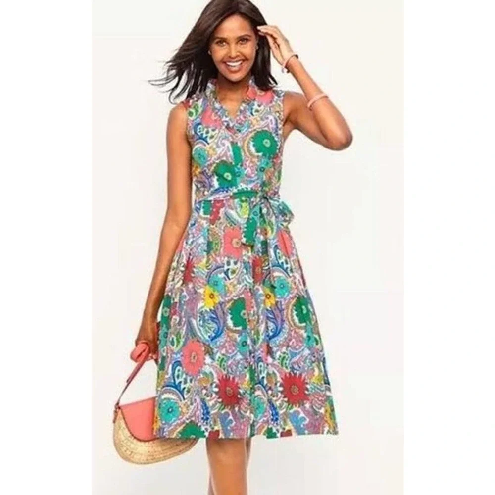 NWT Talbots Floral Paisley Sleeveless Button Front Dress With Tie Size 12 H14884 - Picture 1 of 11